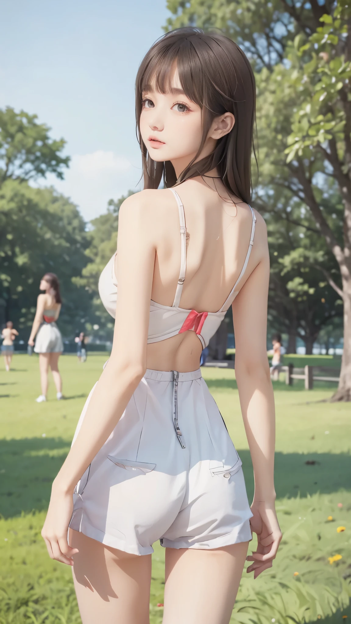 (best quality、best quality、8K、Row Pictures、realistic depiction)、(perfect and very thin waist highlighted)、( Beautiful Russian )、(Posing in the park)