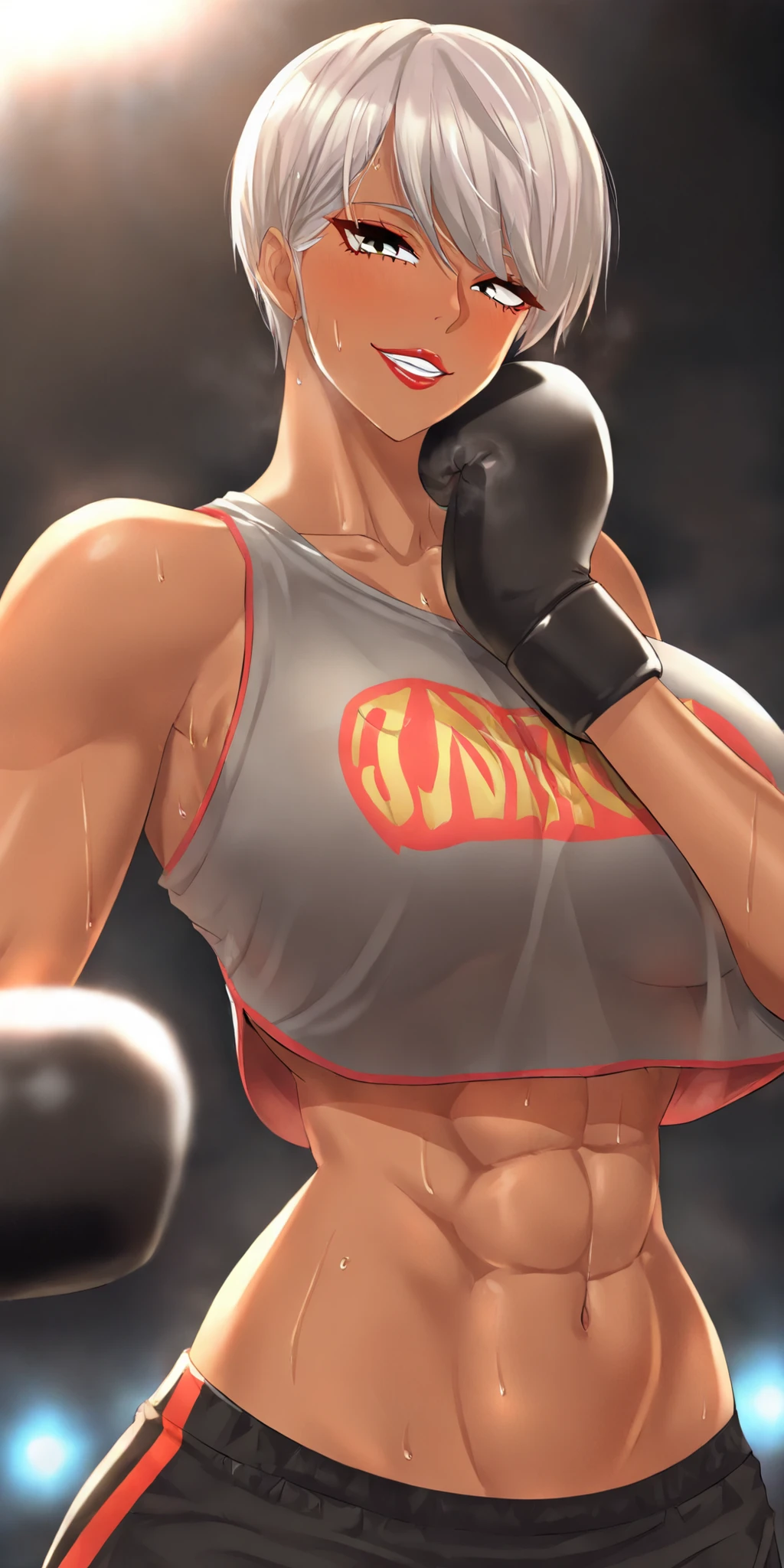 1girl, solo,short_hair,dark_skinned_female,very dark skin,crop_top,lipstick,muscular_body,abs,navel,grey_hair,sleeveless_shirt,buttoned_shirt,knotted_shirt,collarbone,boxing gloves,smile,sweat,best quality,masterpiece,amazing quality,very aesthetic,high resolution,ultra-detailed,,depth of field,volumetric lighting ,highly detailed,best quality,8k,best quality, very aesthetic, ultra-detailed, newest,BREAK, depth of field, masterpiece, amazing quality, high resolution, absurdres, newest,manhwa