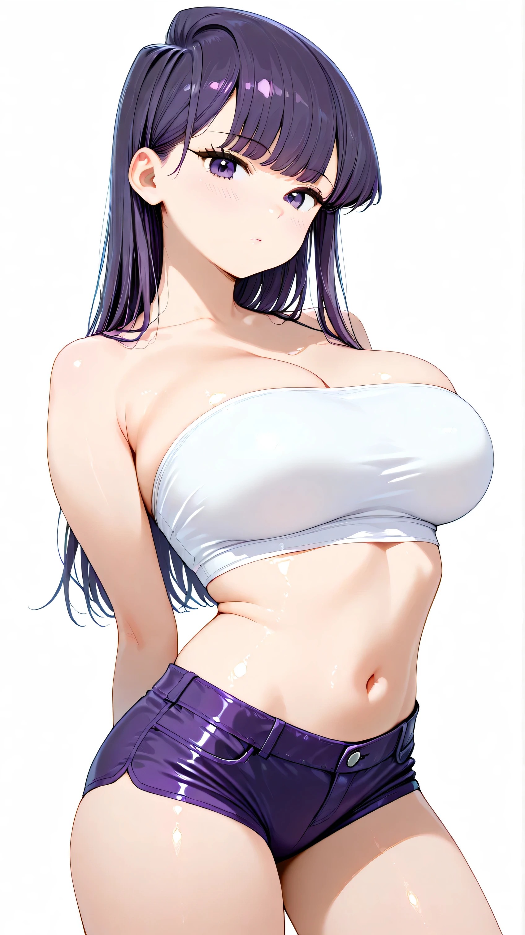 cute girl . Komi Shouko, long purple hair, purple eyes, Very kawaii , round face . alone , Slim , huge breasts , short and small . shiny skin . Pure white tube top. shorts . dynamic angle . No background , White background , looking at the viewer
