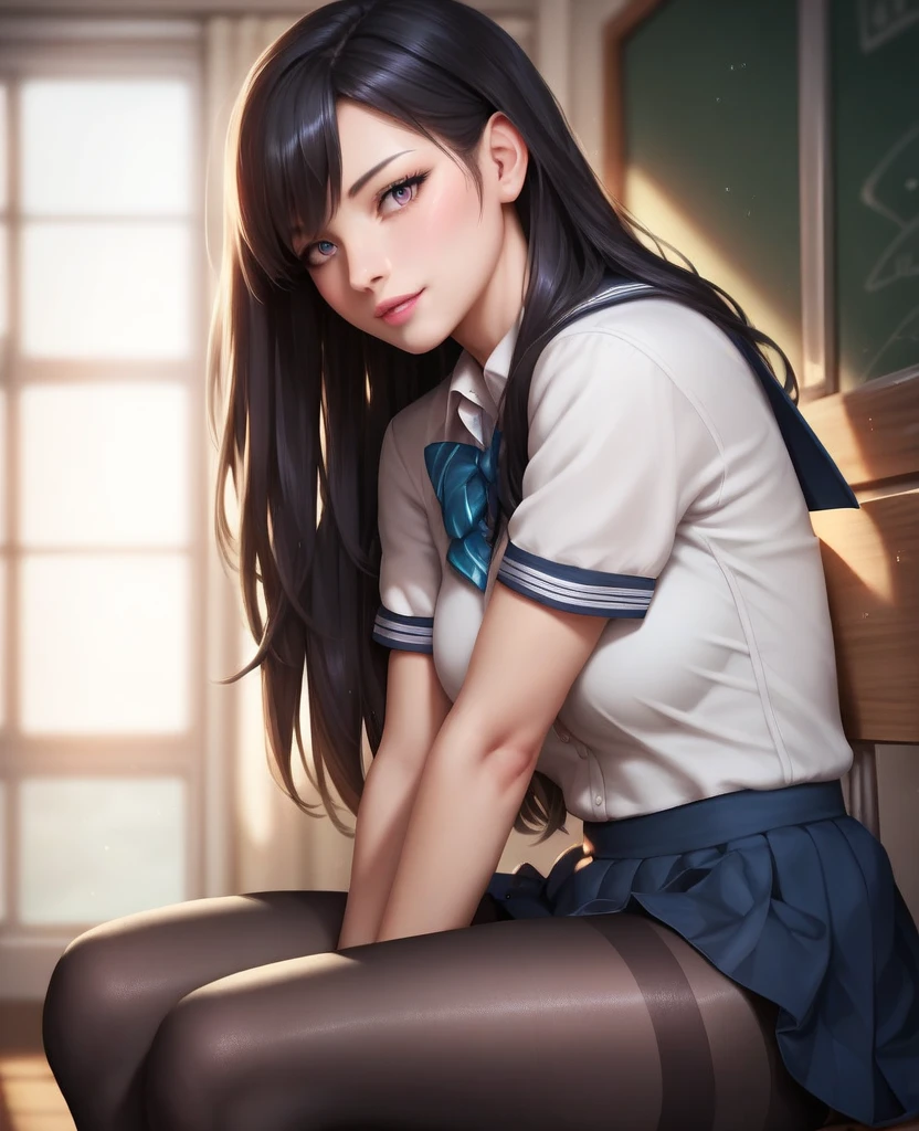 (Masterpiece: 1.3), (Maximum resolution: 1.2), (Ultra HDTV: 1.2), Cinema light, Ultra HDTV, (Detailed eyes and skin), (Detailed facial features), HDR, 8k resolution, Sharp Focus: 1.2, Perfect style, beautiful face, accurate, anatomically correct, highly detailed face and skin texture, detailed eyes, brown eyes, double eyelids, thin eyebrows, glitter eyeliner: 1.2, natural cheeks, glossy skin, fair skin: 1.2, shiny little necklace and earrings, (glossy lips: 1.4), BREAK, first-person-view, Wearing a High school uniform, (seductive smile: 1.2), Innocent and Cute girl, (layered Hairstyle, wavy hair, Light-brown hair, bangs flowing diagonally), medium long hair, (Full body shot: 1.2), focus on face, ((Very intimate relationships: 1.2)), (medium large breasts), (((In the classroom: 1.2)), ((Sitting on the school chair with one's legs crossed:1.4)), (Staring at me)), from the side, ((Background of many other students:1.2)),