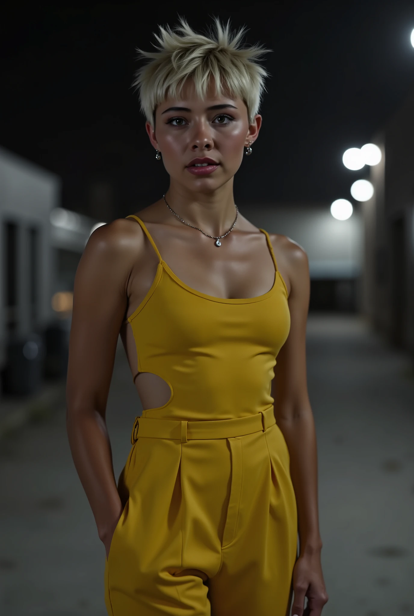 photo degrade, Em uma cena cinematográfica e black and white hiper-realista, Xochitl Gomez wearing yellow dress, at night, short messy glonde hair, fit body, normal fit legs, she's 40 years old