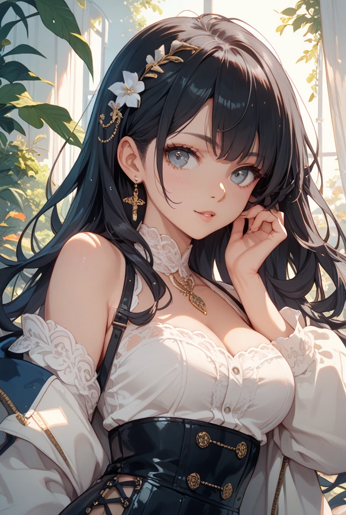 (masterpiece), best quality, expressive eyes, perfect face, lolita fashion, gothic lolita, mature female, medium breasts, Cleavage, long hair, (hair over one eye), very long hair, straight hair, black hair BREAK yellow eye BREAK white sundress BREAK standing, sunflower garden, cloudy sky, day time, :o, looking away