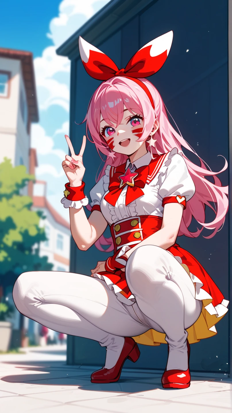 Peronaちゃん, cheems_Perona_V3, pink hair, black eye, dull bangs, drill hair, red lipstick, twin tails, crown, Black and white stockings, red boots, red capelet, White shirt with sleeves, red skirt, perfect anatomy, alone, Upper body