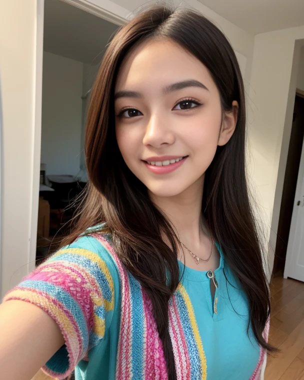 MKSKS, masterpiece, best quality, illustration, close up, straightforward, facial focus, smile, colorful, flowers, green sky, cloud sky, girl with beautiful eyes,
