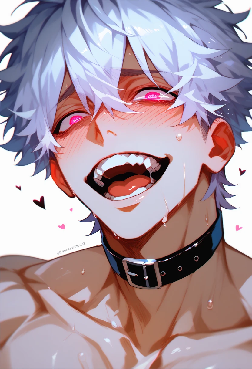 (suggestive:1.3),(corruption),1girl,(japanese clothes),holding ((popsicle)) melting,dripping,white hair,purple eyes,blush,upper body,(ahegao:1.1),(naughty face),collarbone,trembling,sweat,sweatdrop,heart,skindentation, (crazy:1.3),(speed lines),sun, outdoors