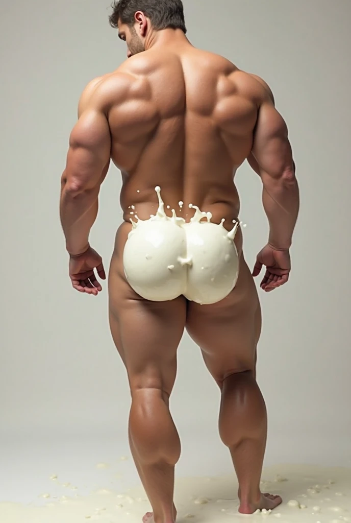 Create a condom dripping with white sugar syrup falling into the open crotch of a muscular bearded man