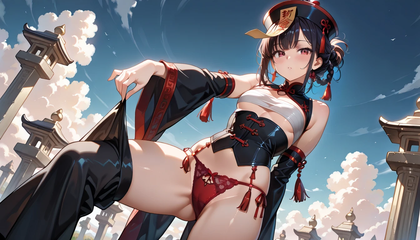 top-quality、Top image quality、in 8K,4K,masterpiece、(NSFW:1.1)、ultra-detailliert、Beautiful、ultra-quality、Undersized breasts:1.4、 Full of scratches:1.1), girl with(((18 year old samurai、Wrap a white cloth around your chest:1.2、White loincloth:1.One-tail:1.2、dark brown hair:1.3、Torn Hakama:1.2、Putting out fangs:1.5、Red Eyes、erotick:1.4、hiquality、visualart、Background with((neons, the night:1.3、a temple background:1.3、opening legs、sit down and open legs、