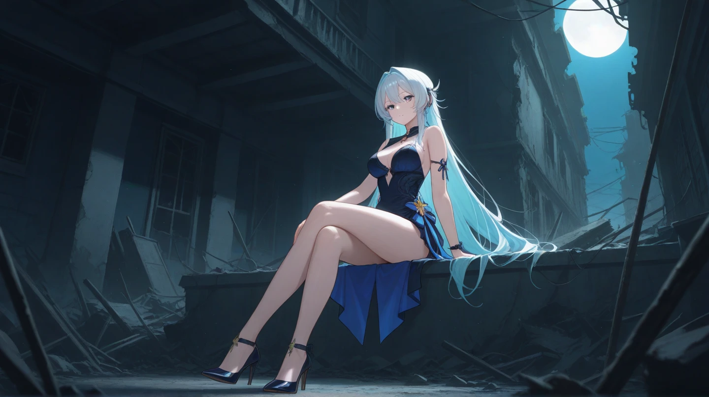 light blue hair, long hair, yellow eyes, black dress, collarbone, bare back, big boobs, inside a building, high heels black shoes, inside of building, looking at camera, close up camera, sitting, holding a handbag