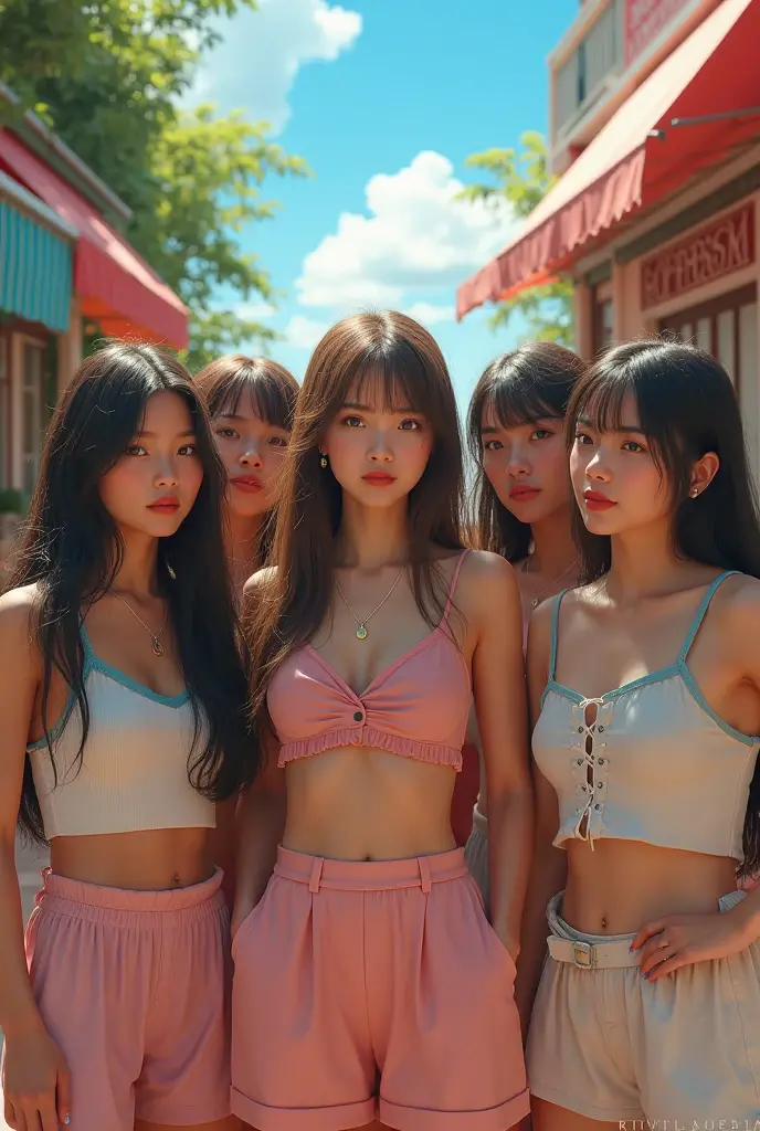  4 female kpop idols are outside (1 person with long blonde hair with a little bit of red) (1 the tallest person among them has black hair in a ponytail) (one person with short black hair shoulder length and bangs). (full body photo)they face the camera while posing happily