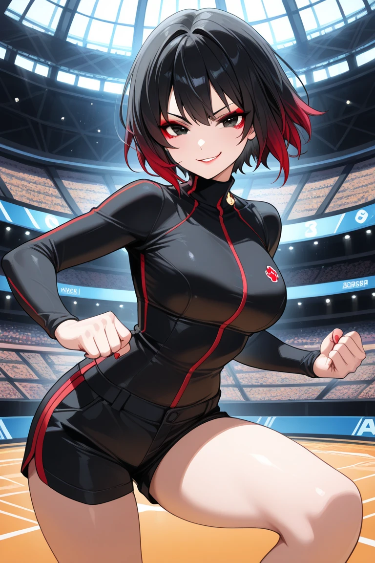In the heart of a bustling sports arena, a wrestling girl is ready for action. The vibrant atmosphere is filled with the excitement of cheering crowds and the electric energy of the competition. With a determined expression on her face, she stands before her opponent, muscular and agile. Her toned body is clad in a form-fitting wrestling suit, revealing her strength and dedication to the sport. Sweat glistens on her forehead, and her short, curly hair bounces around as she prepares for the battle. ((In 8K, High definition RAW photo, Best Quality)).

The powerful arena lights illuminate the scene, casting long shadows across the floor.