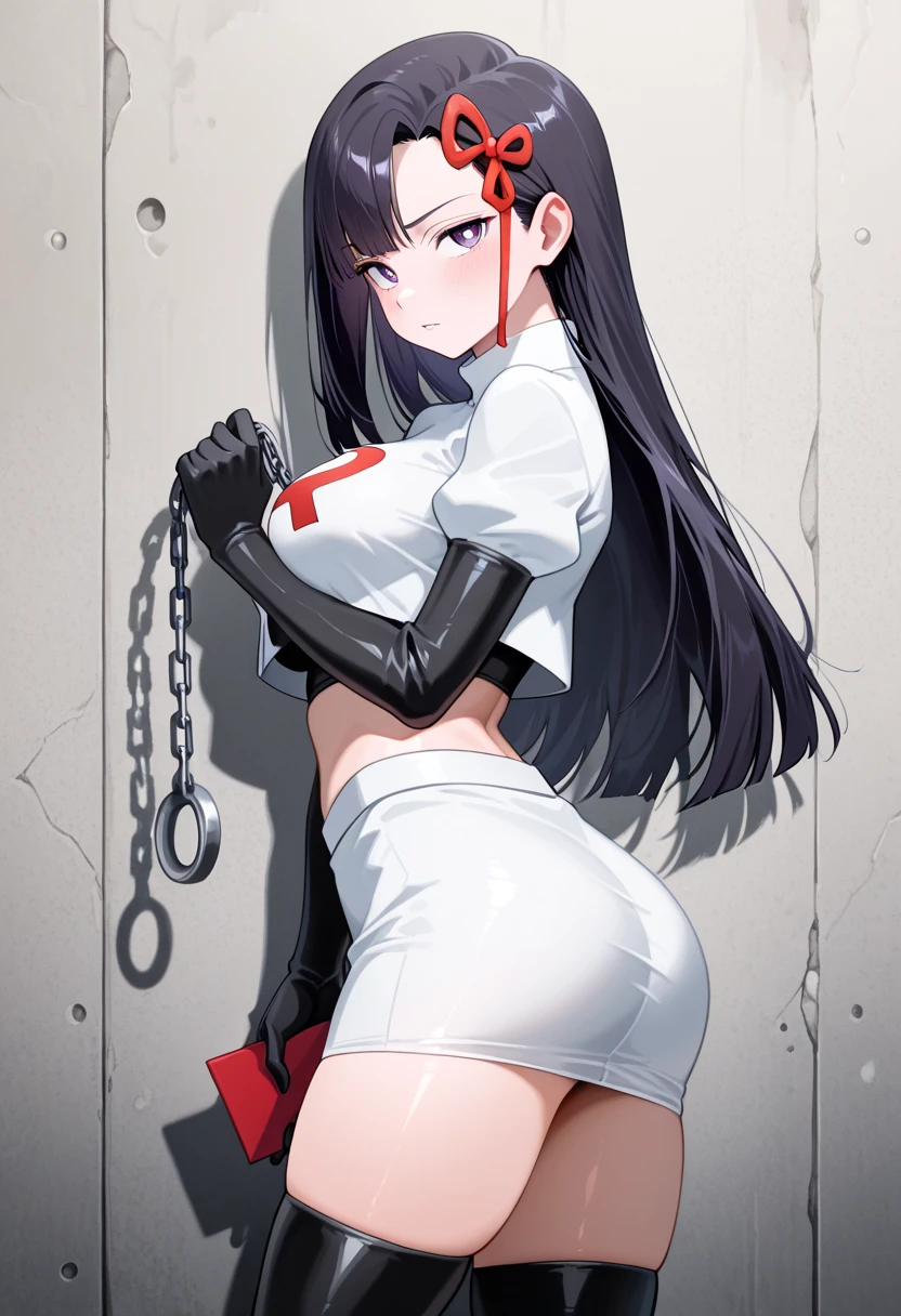 (absurdres, 8k, 4k, masterpiece, hyper extreme detailed:1.2), ((masterpiece,best quality)), absurdres, anime character, girl, female, 1girlwings belt 1girl military form, bound, bondage, (arms behind back:1.4), bdsm, tape gag, tape, tape bondage, close-up, restrained, best anatomy, curled up, full body, standing, taped thighs, taped legs, legs together, sitting, chair, tape wrapped, wrap gag, white attire, bambietta ,anime character girl sexy female highly detailed bleach woman beautiful bambietta, black hair, white outfit, big breasts, cap, hat,