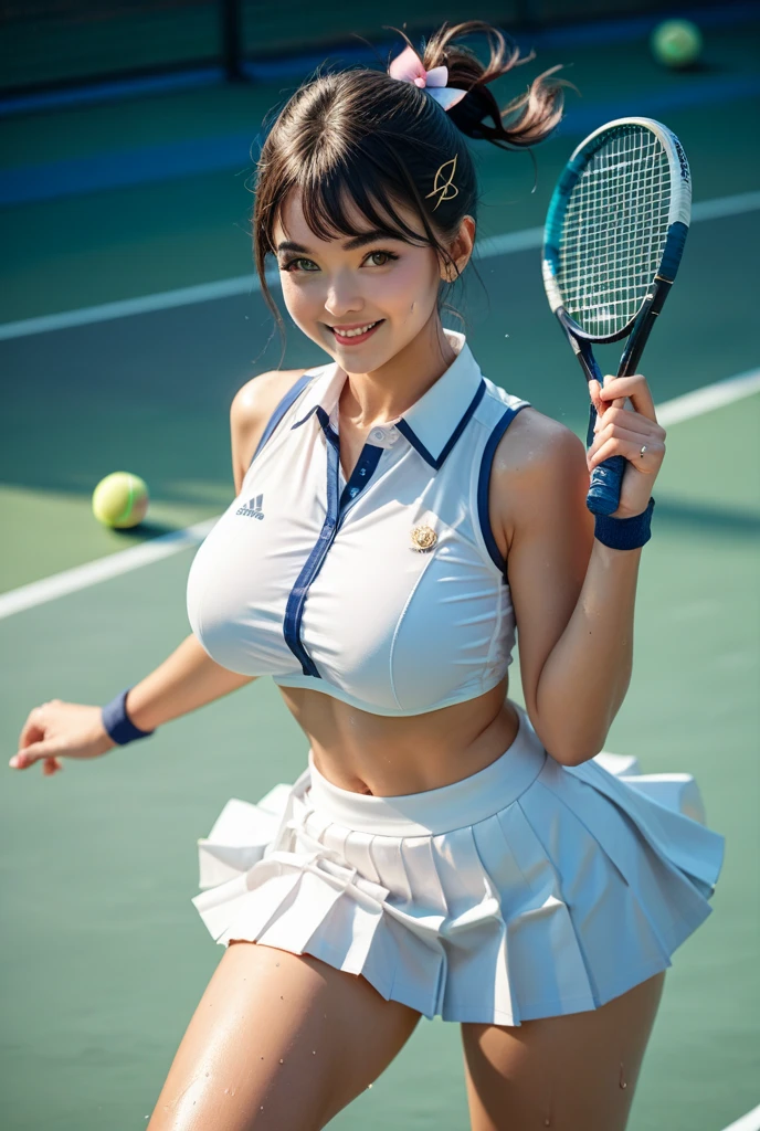 (in 8K、超A high resolution、Best Quality、Photorealsitic、masuter piece、The ultra -The high-definition、top-quality:1.1),(18year old:1.1)(hi-school girl、Tennis Wear、White pleated mini skirt、T back、Hide all breasts、quite massive chest、Pretty big breasts、toned body:1.3)(Short-haired black hair、Japan Cute Woman、Brown skin with a pretty tan:1.18)、Cute smile、(Open your legs quite wide to the side、Stand with your knees bent wide、Drop hips:1.28)(windy up skirt、up skirt panties、Miniskirt fluttering in the wind:1.5)(High School Tennis Courts、espadrilles、sun visor)