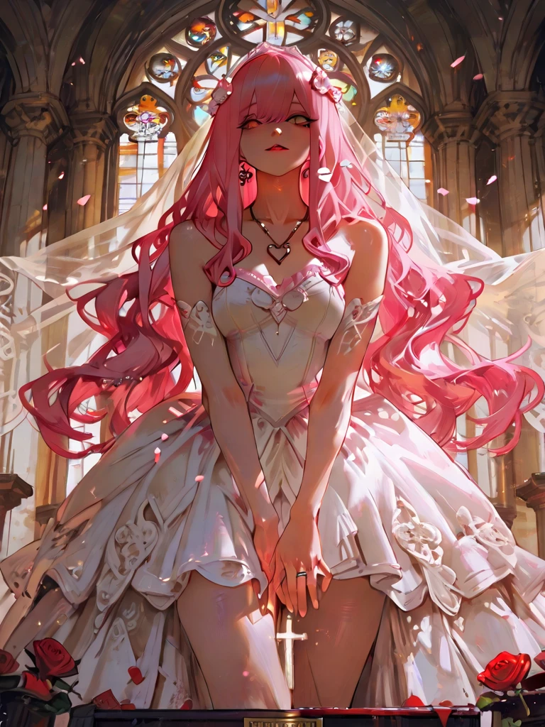 (masterpiece, best quality, beautiful and aesthetic:1.3), cowboy shooting , 1 girl, Happy,  smirk,  (Claret hair Gradient pink hair:1.6), Absurdly long hair, half updo half up half down, wavy end, shiny hair, Flowing hair, (glowing purple eyes), Exquisite eyes, Aqua eyes, Super high detail eyes, long upper eyelashes, cosmetic, focus on face, Very rich facial details, Pretty Face, Perfect breasts, Hot body, (The skin texture is delicate:1.2), white Wedding dress, Lace-trimmed dress, transparent, Wedding dress, outdoor, White Rose, garden, morning, Everlasting, Very detailed, 