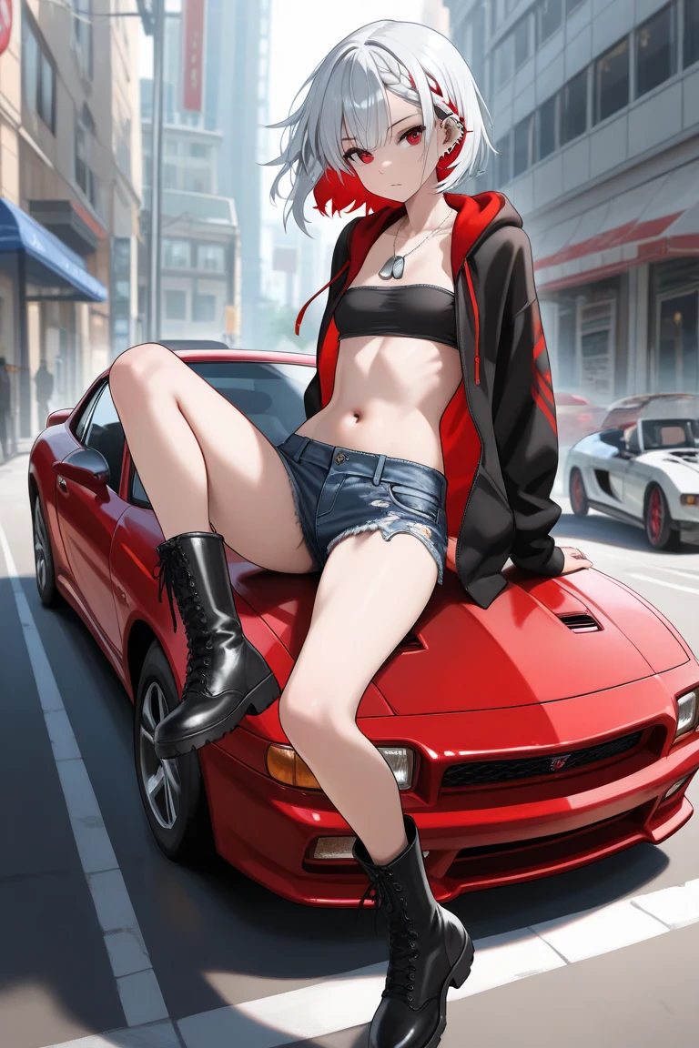 ((Very naughty scenes : 1.3)), panties exposed, Very pretty and sexy beauty, crop-top, under boob style, pink hair, purple eyes, full body shot, Background in front of a street bar at night, slim body, small breast, drunken, ((tanline : 1.1)), ((red flush : 1.3)), Vivid cameltoe highlight; massive accsessory, tight dolphine shorts, lowrised,, , shaved pussy, bright pin lights,