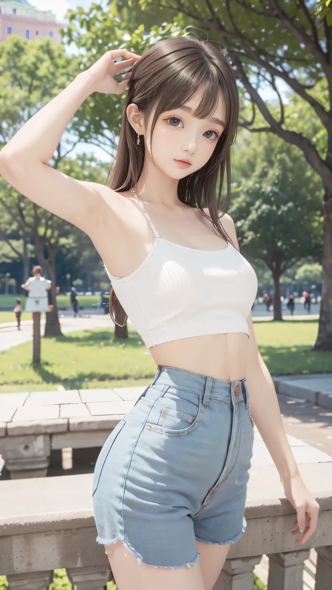 (best quality、best quality、8K、Row Pictures、realistic depiction)、(perfect and very thin waist highlighted)、( Beautiful Russian )、(Posing in the park)、(more:1.3, perfect right hand:1.3)