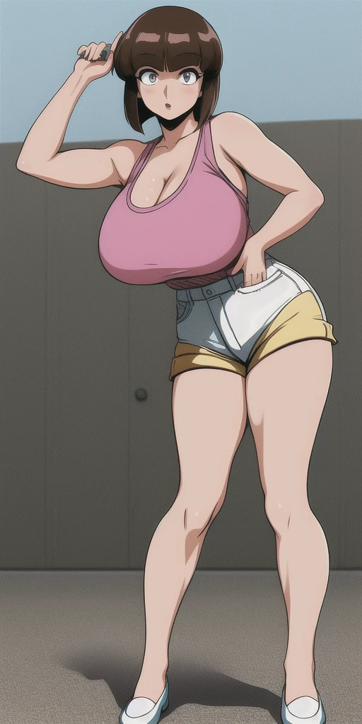 masterpiece, highest quality, High resolution, 1girl, solo, sexual intercourse, Pornographic images, short hair, etsukoto, brown Eyes, fine grain, fine grain, (((Thick thighs, Plump thighs, Voluptuous thighs, Thighs alone are enough))), ((Huge and ample breasts, Cleavage, big long breasts)), Naughty big,((big breasts are important))、((Naughty thighs)), L Cup, (thin:1.4),(Tight waist:1.4), (white swimsuit:1.4), (((Simple Background))), looking away, ((Wide Hips)), Shiny, Oily skin, Mature mother, Calf, Seductive mature woman, milf, Perfect body, Plus Size Model, curvy, ample, etsukoto, blush, clavicle, retro artstyle, 1990s (style), (thick thighs:1.4), (from side:0.8), ((arms up)), full body, (((open stance, discovery stance))),