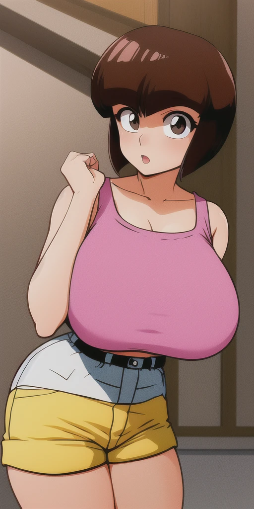 Misae Nohara, retro art style,(Auntie:1.5), (Mature Woman:1.5), (absurderes, 8K, 4K, masutepiece, hyper extreme detailed:1.2), Best Quality, Perfect Anatomy,Perfect face,High humidity, (Huge breasts:1.7), (A sheer pink nightgown:1.4), (Wet:1.2), (.Alley:1.3), Graffitied wall, Garbage can, Scattered trash, (alone:1.5), (Brown eyes:1.2), (Clothing is revealing:1.2), Exposed shoulders, Torn clothes, Are pregnant, Firm breasts, Upturned nipples, Showing cleavage, Mole on chest, (Thick armpit hair:1.4), (blush:1.2), A kind smile, relief, peace of mind, (maternal:1.3), (Gentle look:1.5), Smiling face, (Outdoor:1.5), (Out:1.3), half closed eyes, naughty face, (Standing leaning forward:1.5)