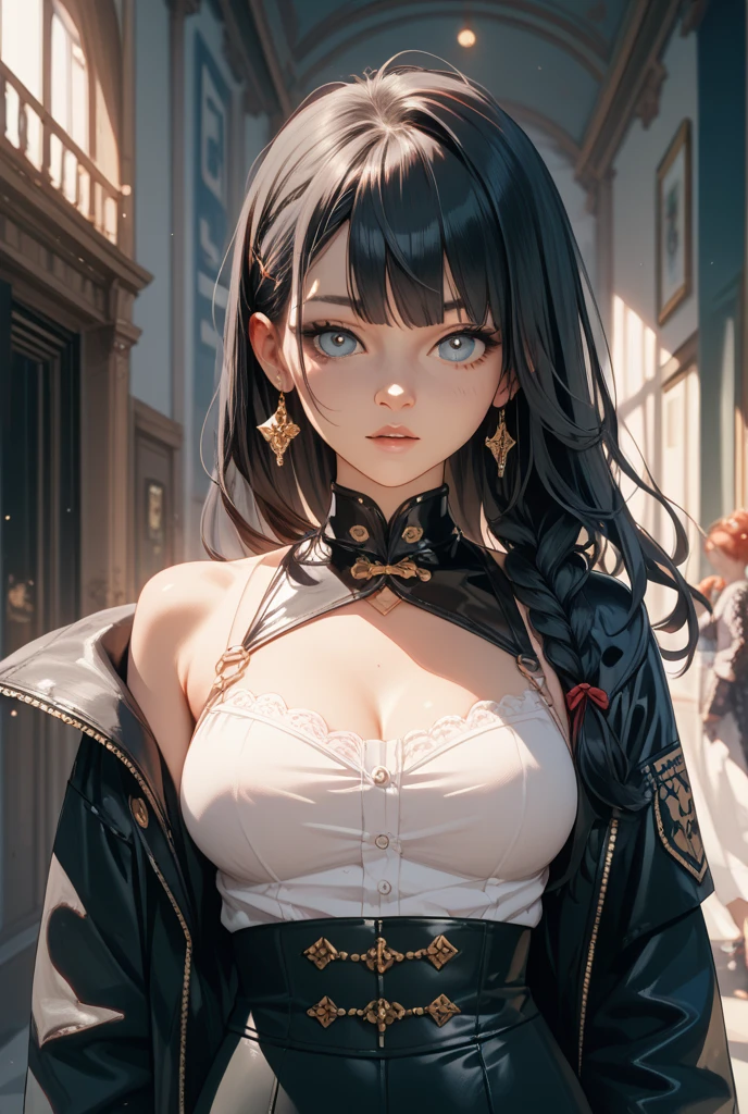 ((Best quality)), ((masterpiece)), (detailed: 1.5). Beautiful woman, one girl, very detailed eyes, very detailed hair, very detailed clothes, very detailed face, 2. ((Purple eyes)), ((black hair, straight hair, long hair, bangs)), pale skin, small elf ears, (black lingerie), ((large breasts)), cleavage, sexy, choker, beautiful eyelashes, eyeliner, sultry eyes, juicy lips, plump lips, soft blush, smooth skin, freckles, dolly face, thin eyebrows.