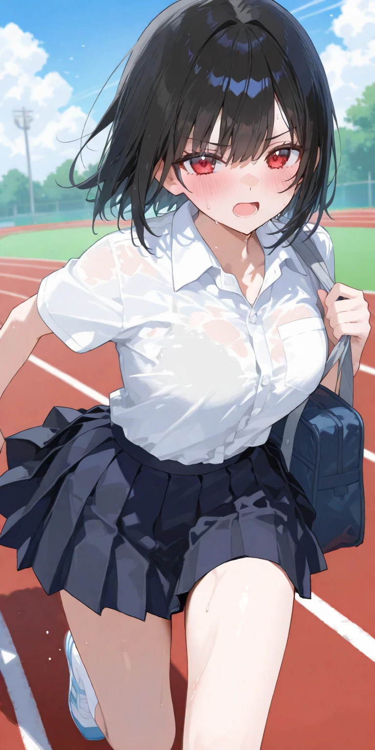 absurdres, high res, ultrasharp, 8K, masterpiece, looking at viewer, 1girl, curvy body, long black hair, purple eyes, wearing plain white shirt, short tennis pleated skirt, city