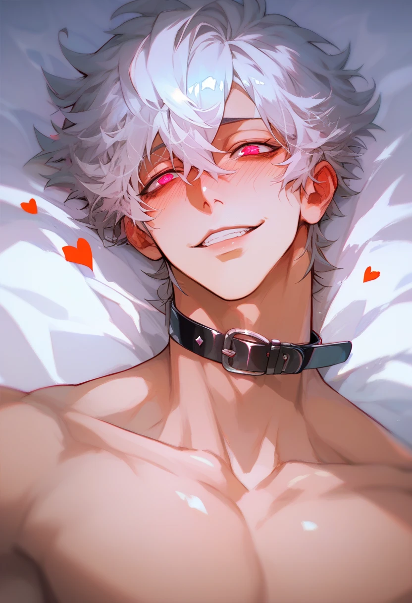 Ultra detailed, Highres, absurdres, HDR, Komaeda Nagito, white hair, silver eyes, Danganronpa, bare chest, without shirt, black pants, smirking, lying in a bed, red sheets, petals, hugging a plushie of Monokuma, 1 adult man only, handsome,