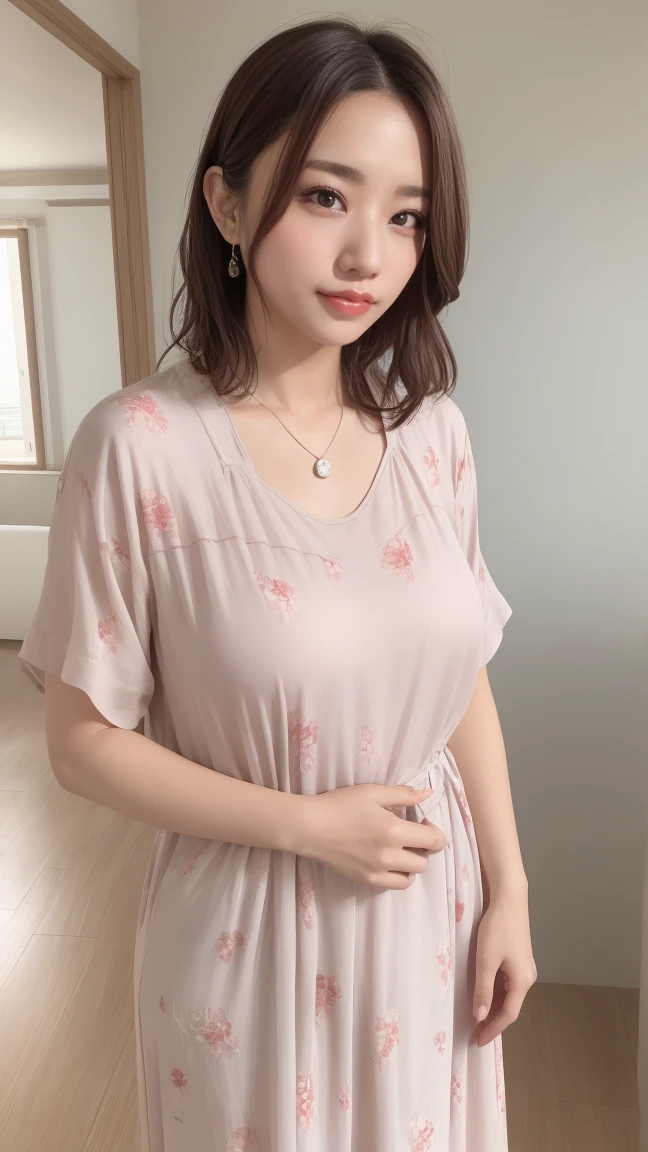 Proper finger length, Delicate fingers, A-line loose short-sleeve maxi dress, The hand only has a thumb and four fingers, One 21-year-old woman, Outside the apartment, smile, Pose for the camera, cowboy shot, UHD, masterpiece, anatomically correct, best quality, highres, HD, 8k, anatomically correct