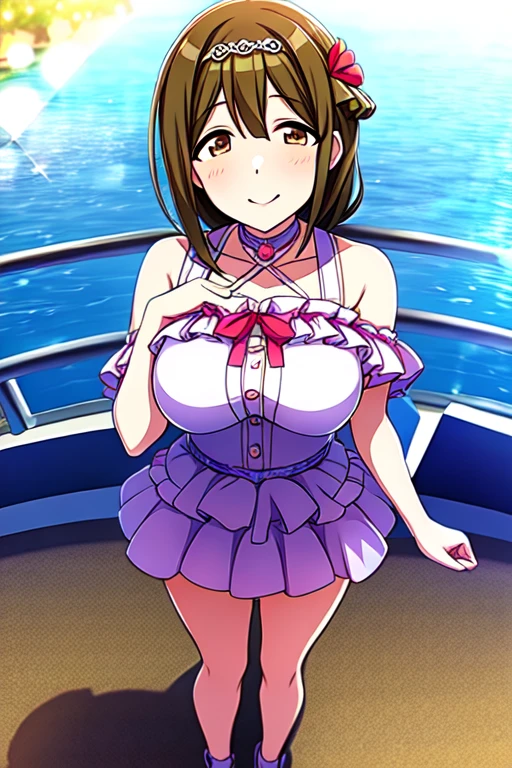 a woman in a dress holding a knife, long hair, breasts, blush, open mouth, large breasts, brown hair, gloves, cleavage, bare shoulders, brown eyes, collarbone, weapon, ahoge, japanese clothes, choker, hair over one eye, cosplay, fishnets, ninja, kunai