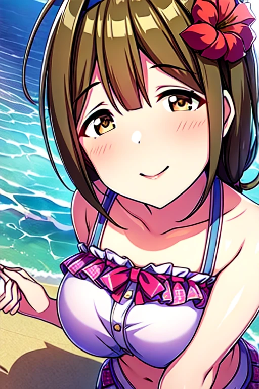 alone, One girl, Yunyun, Cute angry expression with puffed cheeks、(Puffing out my cheeks:1.3)、blush 、View your viewers, Crown braids of the same color as your hair, Red Eyes、hair ornaments, Hair Ribbon, (White and pink bikini)、Poolside、cute