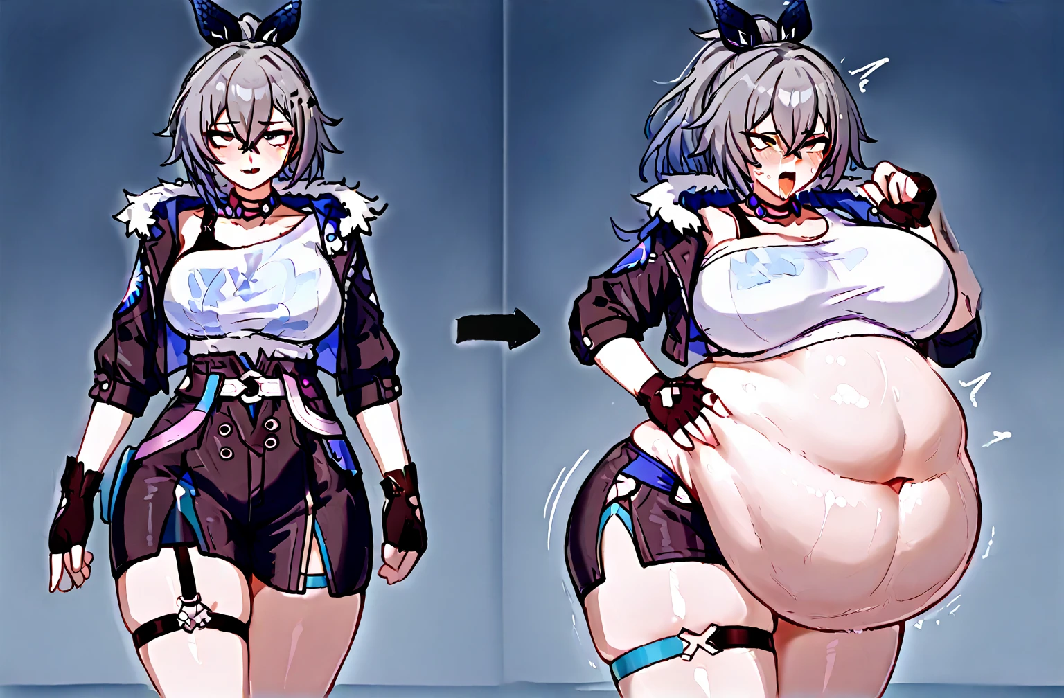 (masterpiece, best quality, highly detailed), 1girls, big belly, blurry background, huge belly, art by kipteitei, round belly, chubby, curvy, simple_background, gradient_background, belly grab, enormous belly, fat belly, thicc, bigger belly, really big belly, jiggly belly, shirt covering belly, belly cover by shirt, glasses, (((((((mommy)))))), casual clothes, skirt, thighhighs, ((full body)), long hair