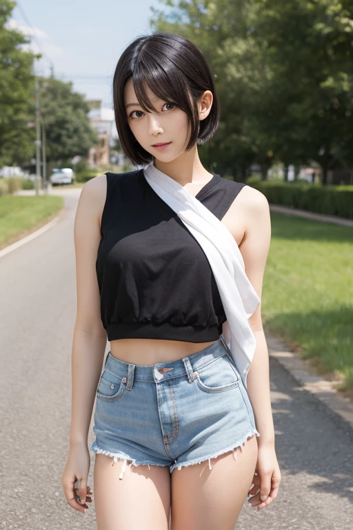 top quality、1 girl、plump big breasts、Glowing light、blurred background、Bokeh、pink vest、Denim shorts、(short hair、forehead:1.2)、Beautiful sky and details、ear nipple ring、(dynamic poses:1.2)、 (upper part of body:0.8)、soft light、Wind、shiny skin、Keep a straight face,No expression、coastal、evening、backlight、