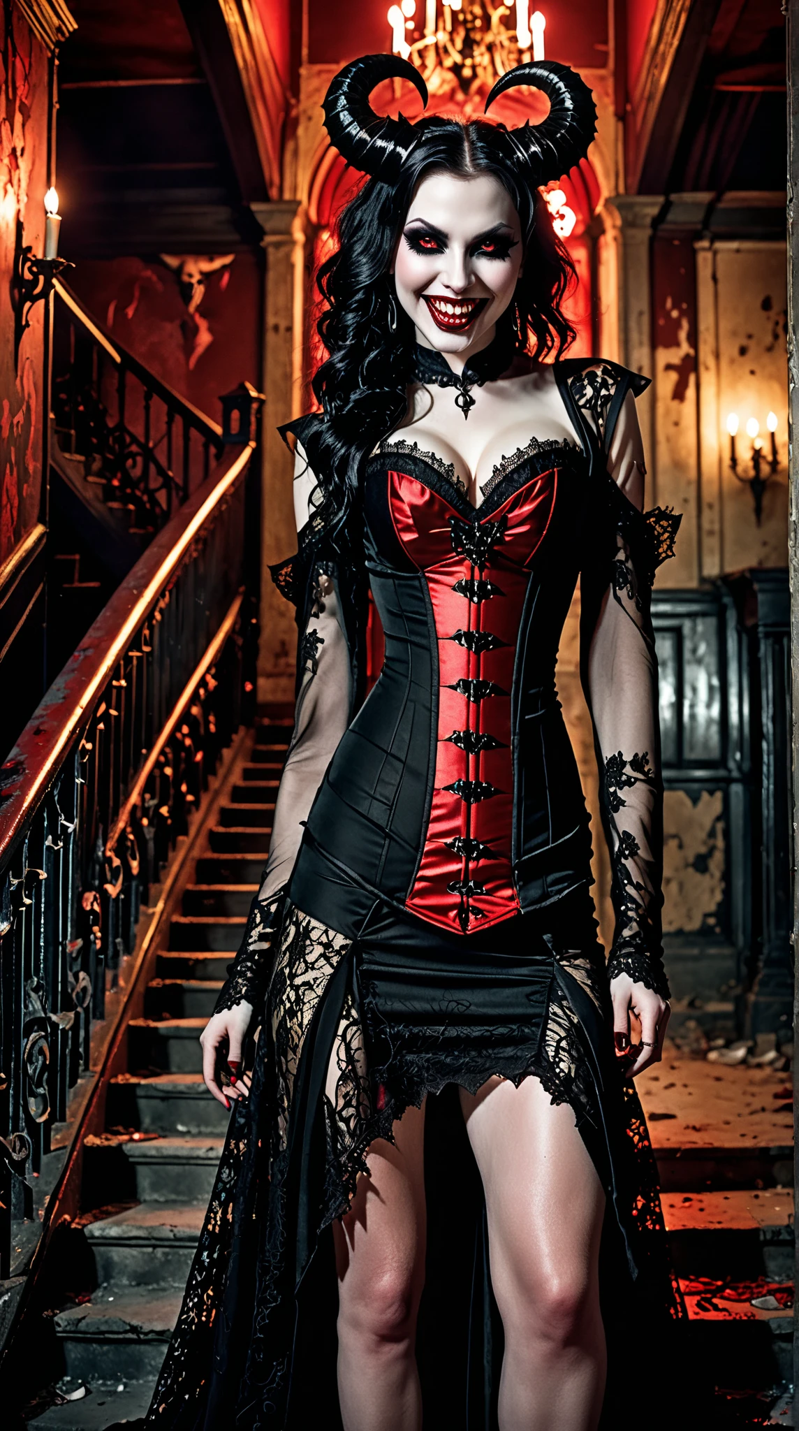 very attractive 25 year old caucaseian girl with long platinum blonde hair, A beautiful woman, hourglass figure, large breast , long platinum blonde hair, black lipstick, blue eyes, seductive Goth style with Goth jewelry, wearing a (ornate Victorian corset in Duotone [red and black] style:1.3), standing in a cemetery  in the early at night under a full moon, (Fogcore style:1.3), (full body:1.3), hyper realism, 8k high definition, vibrant colors, sharp focus, insanely detailed