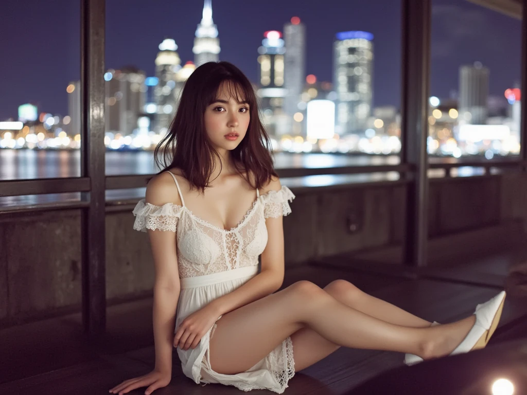 (8k, Best Quality, Masterpiece:1.2), (Realistic, Photorealistic:1.37), Ultra Detailed, 1 Girl,Solo,Beautiful Detailed Sky,Detailed Cafe,Night,Sitting,Date,(Reddens Nose),(Smile:1.15),(Closed Mouth)Small,Beautiful Fine Eyes,(Shirt:1.1),Night,Wet,Rain,White Lace,(Short Hair:1.2),Floating Hair NovaFrogStyle,Full Body,Sexy,Cute
