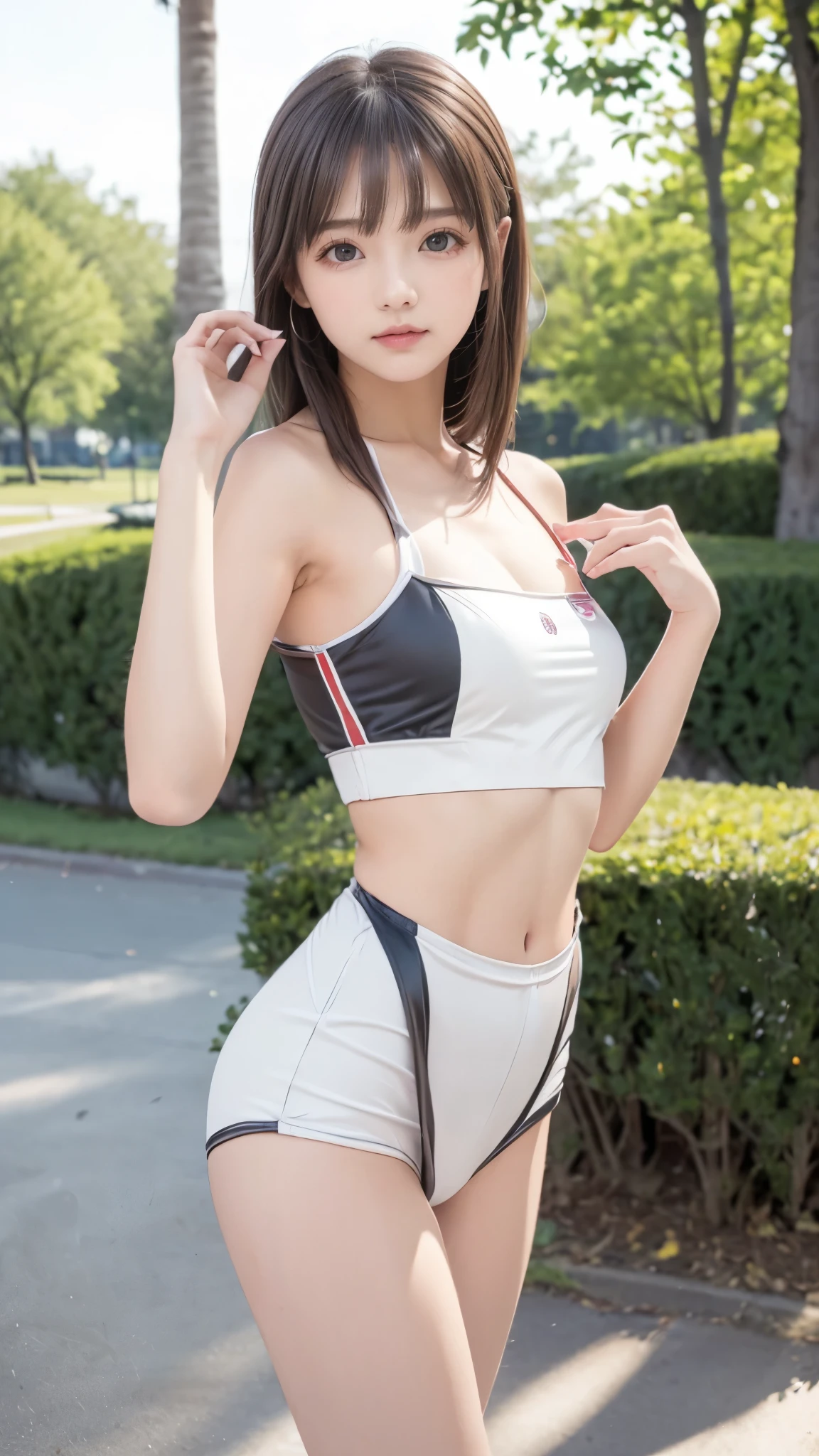 (best quality、best quality、8K、Row Pictures、realistic depiction)、(perfect and very thin waist highlighted)、( Beautiful Russian )、(Posing in the park)、(more:1.3, perfect right hand:1.3), (