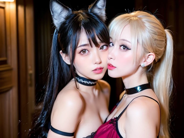 All intricates detail: "(three clone girls are holding hands and smiling, dog ears, only 3 girls view, 18 years old, red eyes, (black demon tail), long white hair, fangs, red shirt, arm garter, open mouth, black vest, gloves, looking at viewer, smile, black gloves, very short tight black lycra pants, firm breasts, simple black background, back side lighting)"