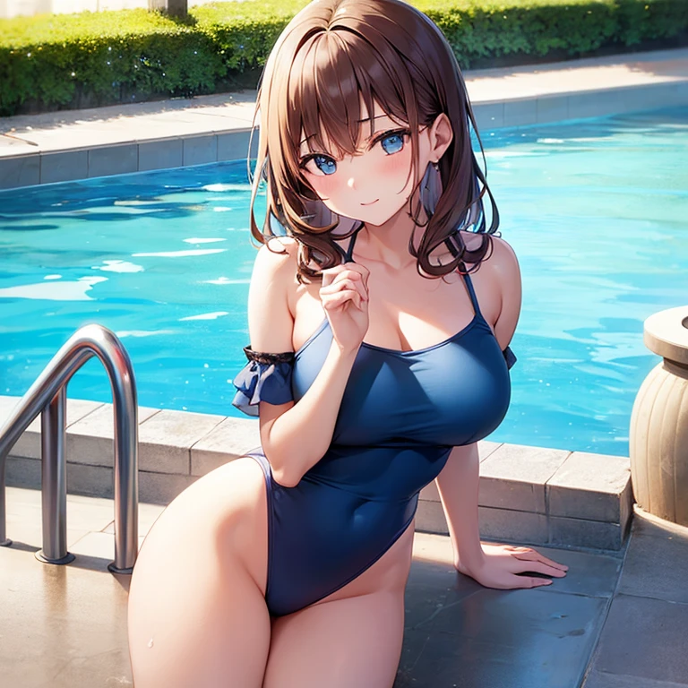 (masterpiece:1.2), (Highest quality:1.2),, Curvy but slender body, Perfect Eyes, Perfect Face, Perfect lighting, 2 girls, Pool,(Erect nipples),(Upper body naked),(High Leg),(Side Shot),(short hair),(Cute Smile),Curly Hair, eye shadow, Thick eyelashes, Fantasy, Observe the audience, whole body、Bright and beautiful face、like々White, radiant skin、Ultimate beauty、The most beautiful light brown hair in the world、Thin Hair、Long Hair、Beautiful shiny bangs、Bright Blue Eyes、Very beautiful and lovely 18 year old, The most beautiful adult women in the world、Medium Chest,ponytail,Distant position,Squat,Keep your butt up,On all fours,Her cleavage is visible,Shake your hips to the woman in front of you
