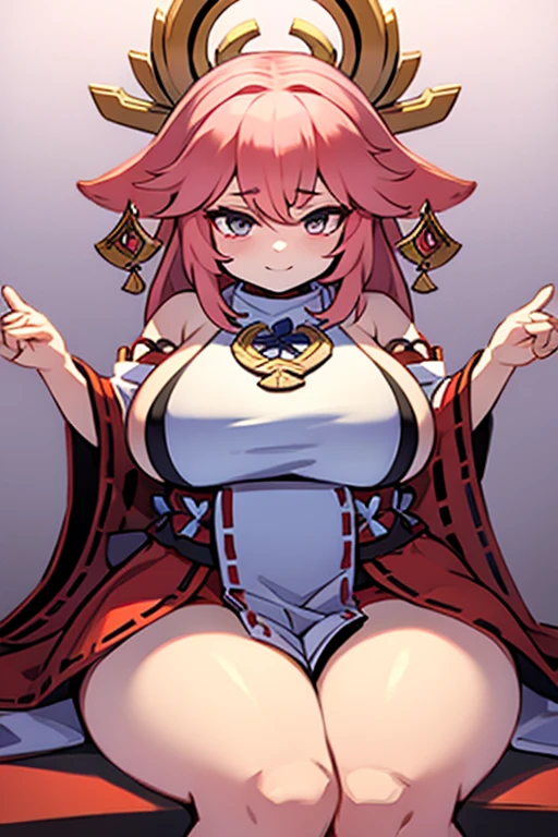 fox woman、The body is covered with hair.、Big chest、cute、Naga queen、Japanese white clothes,Also red.、Torii Gate,summer day、from below、wide angle shot、Very wide angle shot、Smile broadly.、Beautiful fat girl、thick thighs、Big butt、Ultra Mammy、nine tailed fox, hypnosis, Nude, luminous pink eye