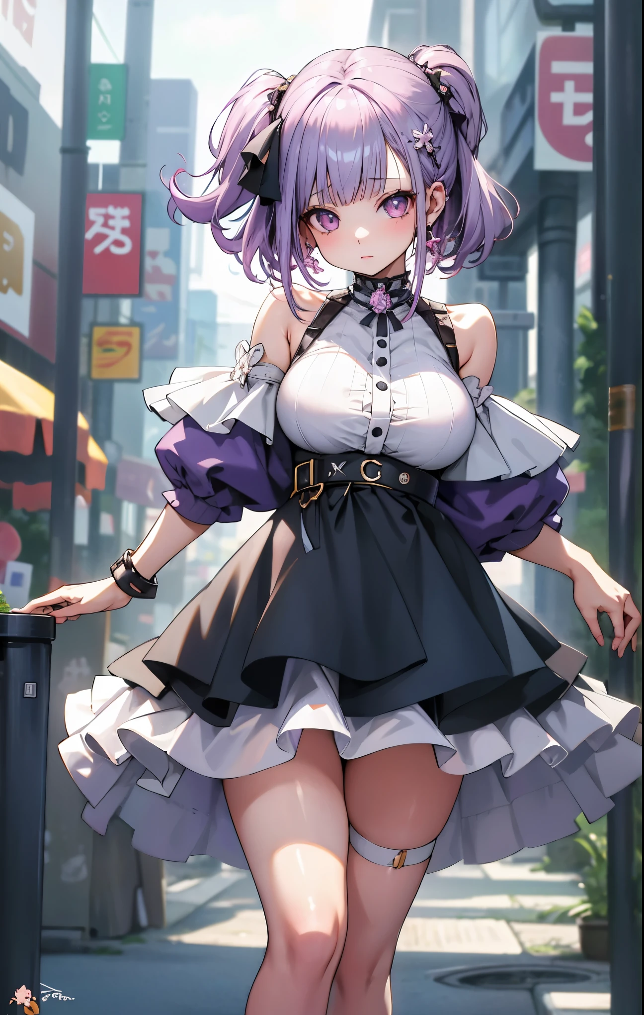 tiny girl,Colossal tits,Smile with open mouth,A pink-haired,Whip thighs,Large ribbon,Striped panties,Striped socks,Heterochromia,yellow and purple eyes,Top image quality,Best Quality