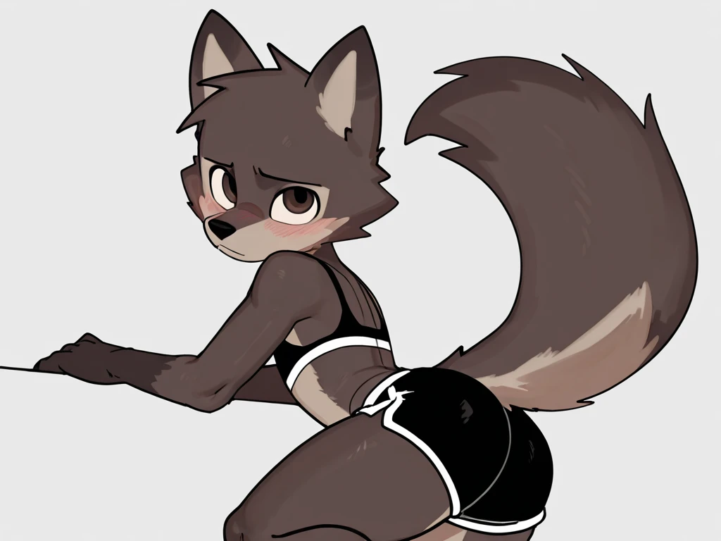 Solo, score_9, score_8_up, score_7_up, score_6_up, score_5_up, score_4_up, source_anime, Anthro, , androgynous Anthro furry girl, maned wolf, brown eyes, tall, long legs, short brown hair, white tips on hair, white highlights on hair, low ponytail. side locks, jitome, bags under eyes, flat chested, breasts, wearing black bandeau, black boy shorts, standing, snout, smile, showing teeth, rear view, slightly sliding her shorts down, only ass exposed, exposed ass, exposed anus, nervous smile