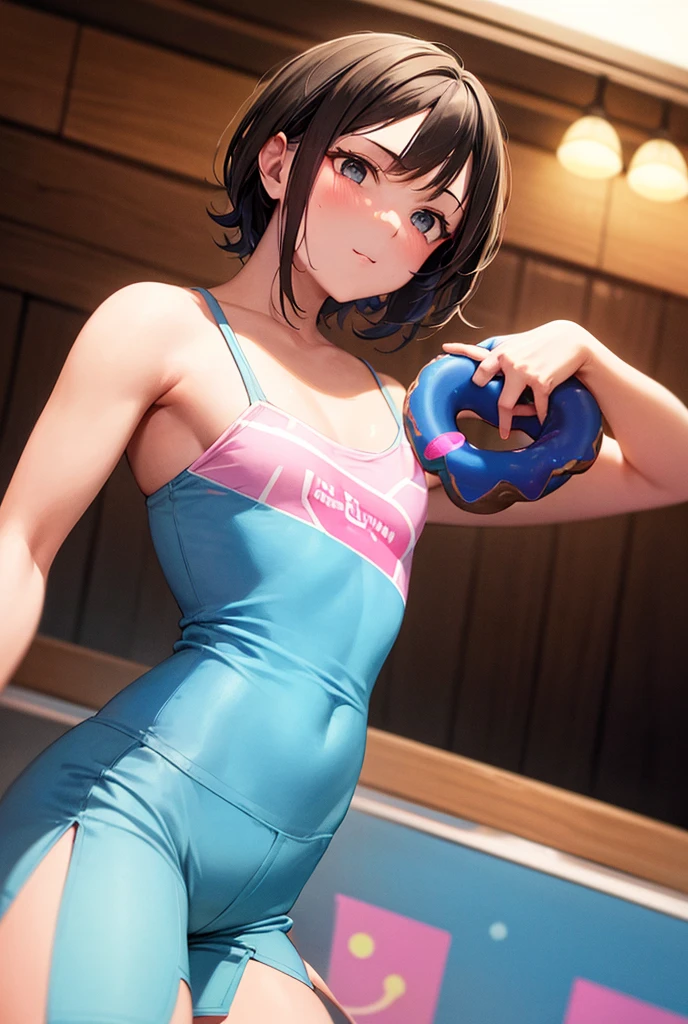((masterpiece, best quality)),((highres:1.2)), 1 Girl, solo, Blurred Background, ((One piece swimsuit)), (((Small breasts))), Thighs, pool, (Groin), (slanted eyes), Excited Pose, ((pixie cut:1.3))