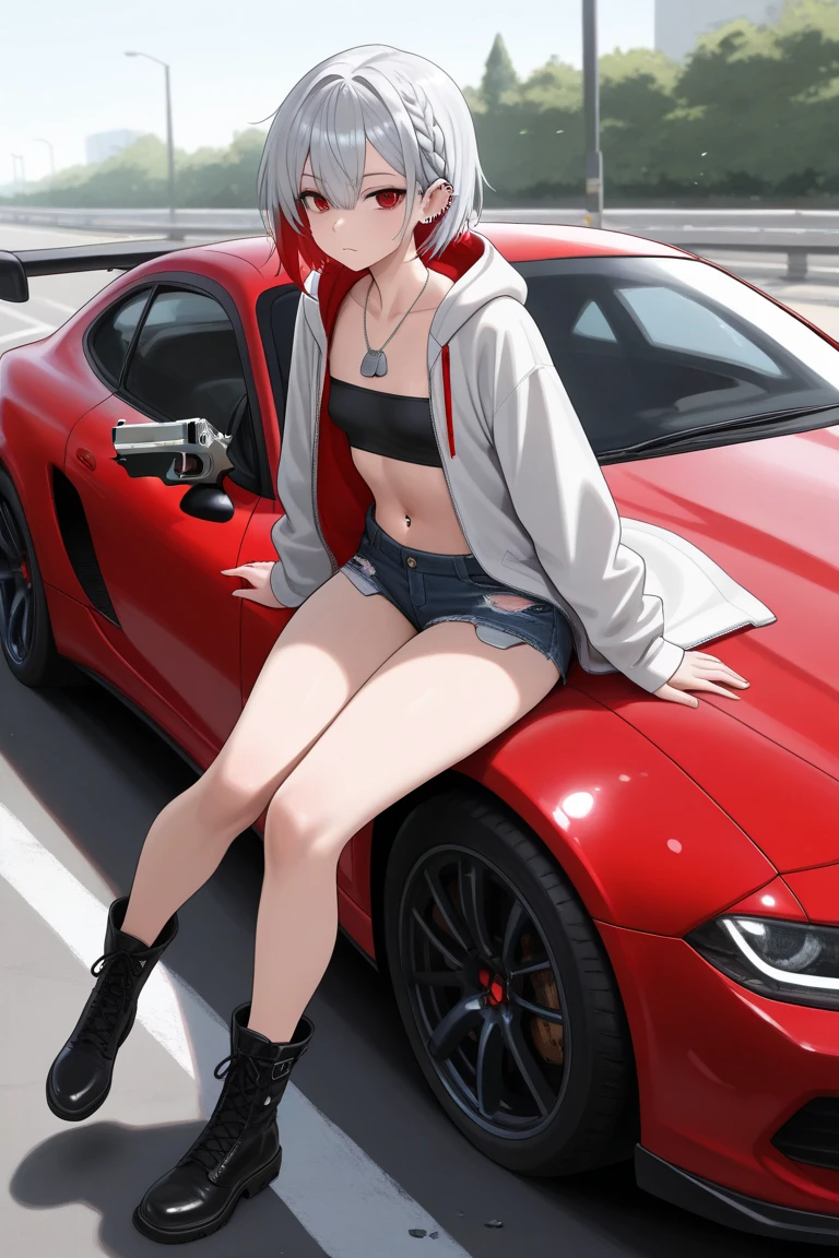 8k, masterpiece,A girl wearing black crop top and lasey red panties and standing beside a nice car at the beach with sea and nice weather in the background,full body,clear face, realistic, realistic skin,smile,solo.