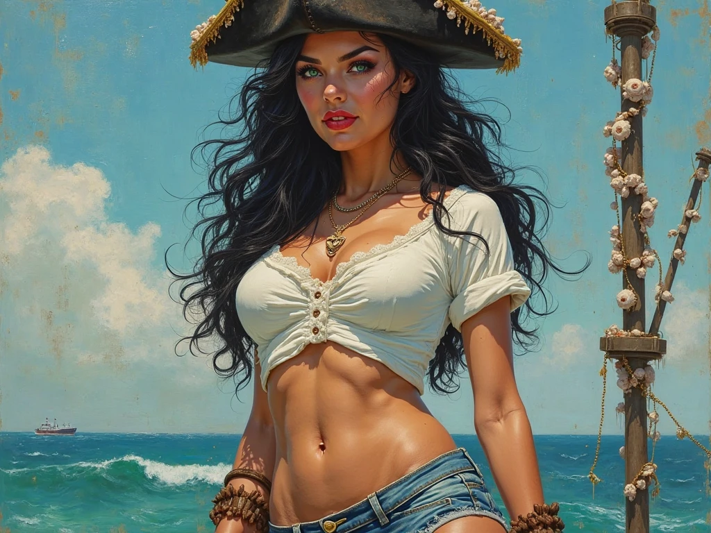 Gorgeous pirate girl on a pirate ship at sea, african american, black skinned, brown curly hair, oily skin, sexy masterpiece, best quality, highest quality, high definition, highly detailed, 8K, athletic and fit body, naughty, perfect hands, detailed hands, perfect eyes, detailed eyes, flirty, sexy, realistic, HDR, UHD, dynamic, rear view, red pirate scarf tied, headscarf