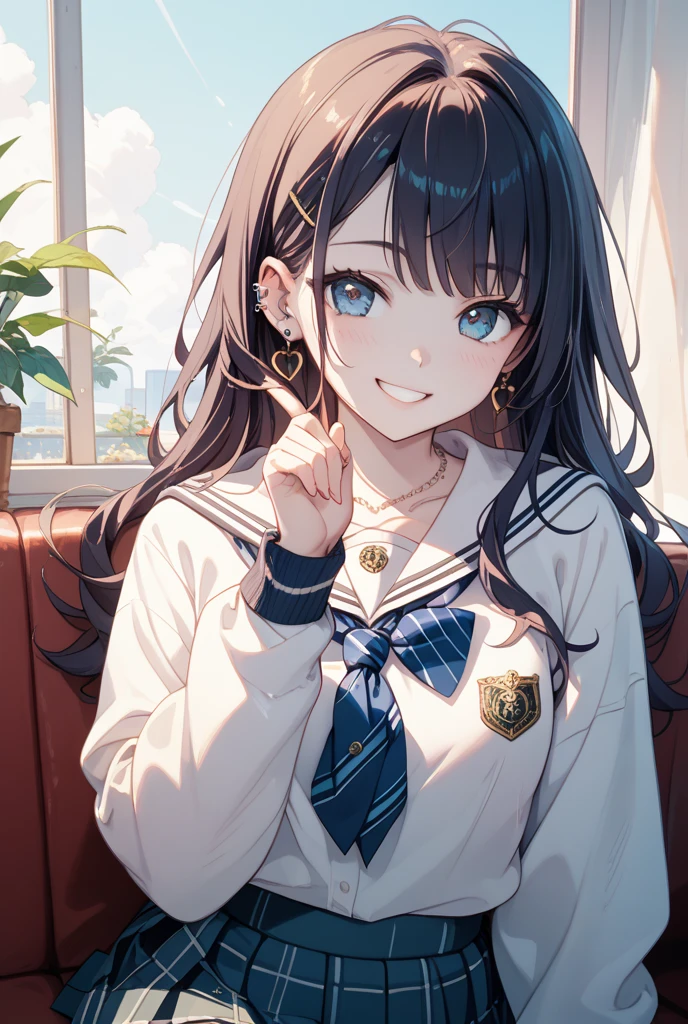 ((Biologically correct limb count))、(( whole body including face))、4K、Masterpiece、((Focus on the face))、((Symmetrical, well-proportioned facial features))、Eyes with delicate depictions、(((1 person)))、Beautiful woman、Outstanding style、Slender Body、、((Navy blue military uniform、shirt、Checked Skirt,(High heels with anklets)))、(((coastal)))、(Smiling and smiling）、(Close-up photo of the upper body）、High angle、Photos with a white border around them、night、