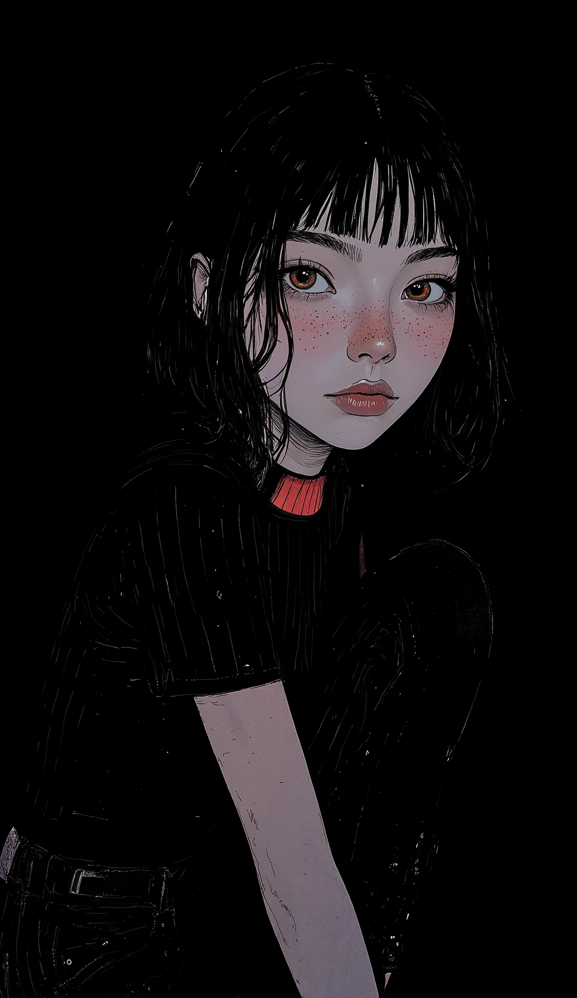 profile、surprised, wide-eyed squatting , short black hair pants, Black clothes with red accents on the collar, No visible accessories, Frontal Closeup , Areola Textures , Smooth skin with prominent freckles, The black background creates a sharp contrast with facial features, Central concentrated lighting that emphasizes facial details, high contrast and vivid colors, Friendly and mysterious atmosphere, front angle, Shallow depth of field, pay attention to the subject's entire face.