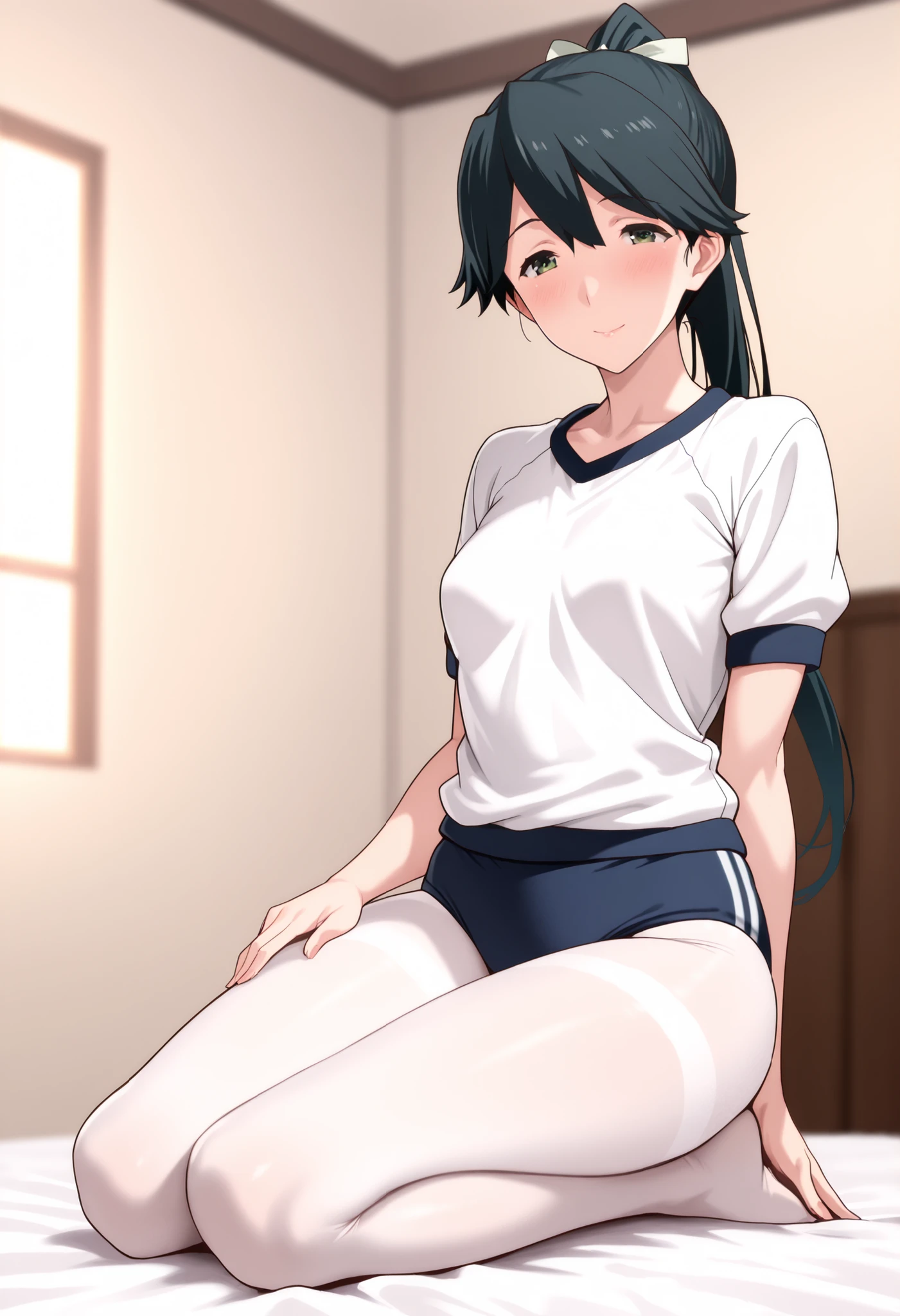 {houshou (kancolle)}, breasts, black hair, long hair, hair ribbon, ponytail, Mature Woman, an adult woman, nsfw, score_9,score_8_up, score_7_up, source_anime, masterpiece, best quality, ,split bangs, detailed eyes, green eyes, small breasts, one woman, alone,living room, , white tights , full body,, school gym clothes 体操服,, school gym buruma 紺色ブルマ,