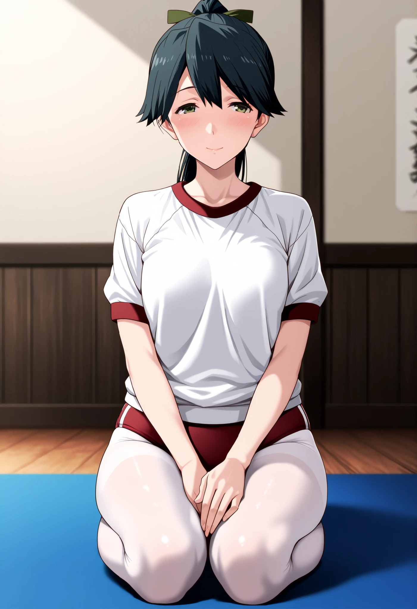 {houshou (kancolle)}, breasts, black hair, long hair, hair ribbon, ponytail, Mature Woman, an adult woman, nsfw, score_9,score_8_up, score_7_up, source_anime, masterpiece, best quality, ,split bangs, detailed eyes, green eyes, small breasts, one woman, alone,living room, , white tights , full body,, school gym clothes 体操服,, school gym buruma 紺色ブルマ,