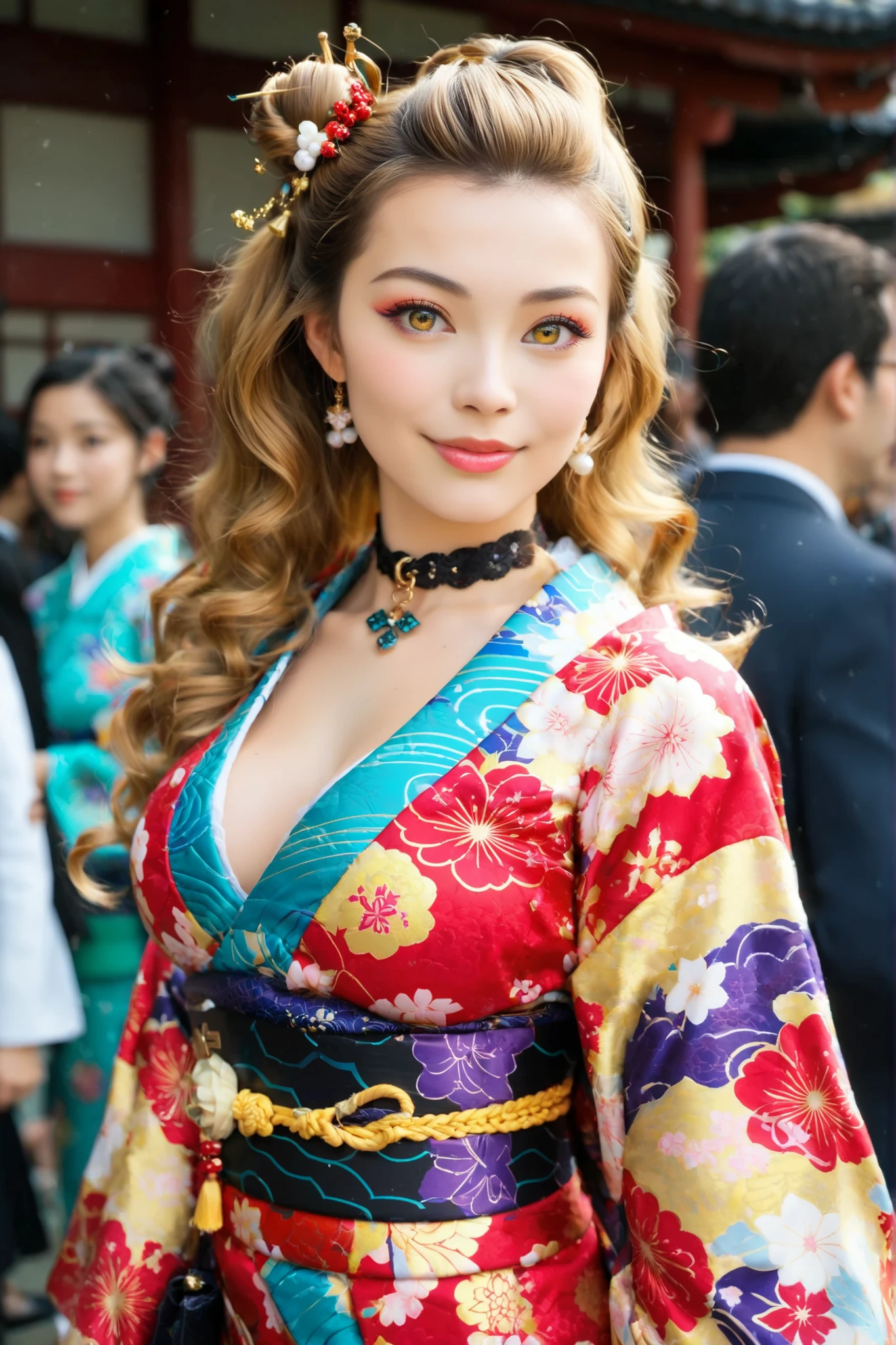 ((Dyed golden hair、golden eyes))real1peopleの30歳金髪女性正確な顔(A beautiful 30-year-old woman wearing a gorgeous kimono with a chrysanthemum pattern opening the collar wide open and shoulders sticking out1people)with a very thin chin and big breasts1peopleの年配トップモデル体型((has very long golden wavy hair tied in a side bun))Beautiful, smooth, silky skin((A gorgeous kimono with a chrysanthemum pattern opens the collar wide))gorgeous hairpin、gorgeous hair ornament(Tie a gorgeous gold belt in front)Look at Viewer(closes her mouth and smiles1people女性)Open the collar of the luxurious kimono with a chrysanthemum pattern wide((side bun hair))angle from waist up(dynamic pose)Real Photos(middle woman1people)