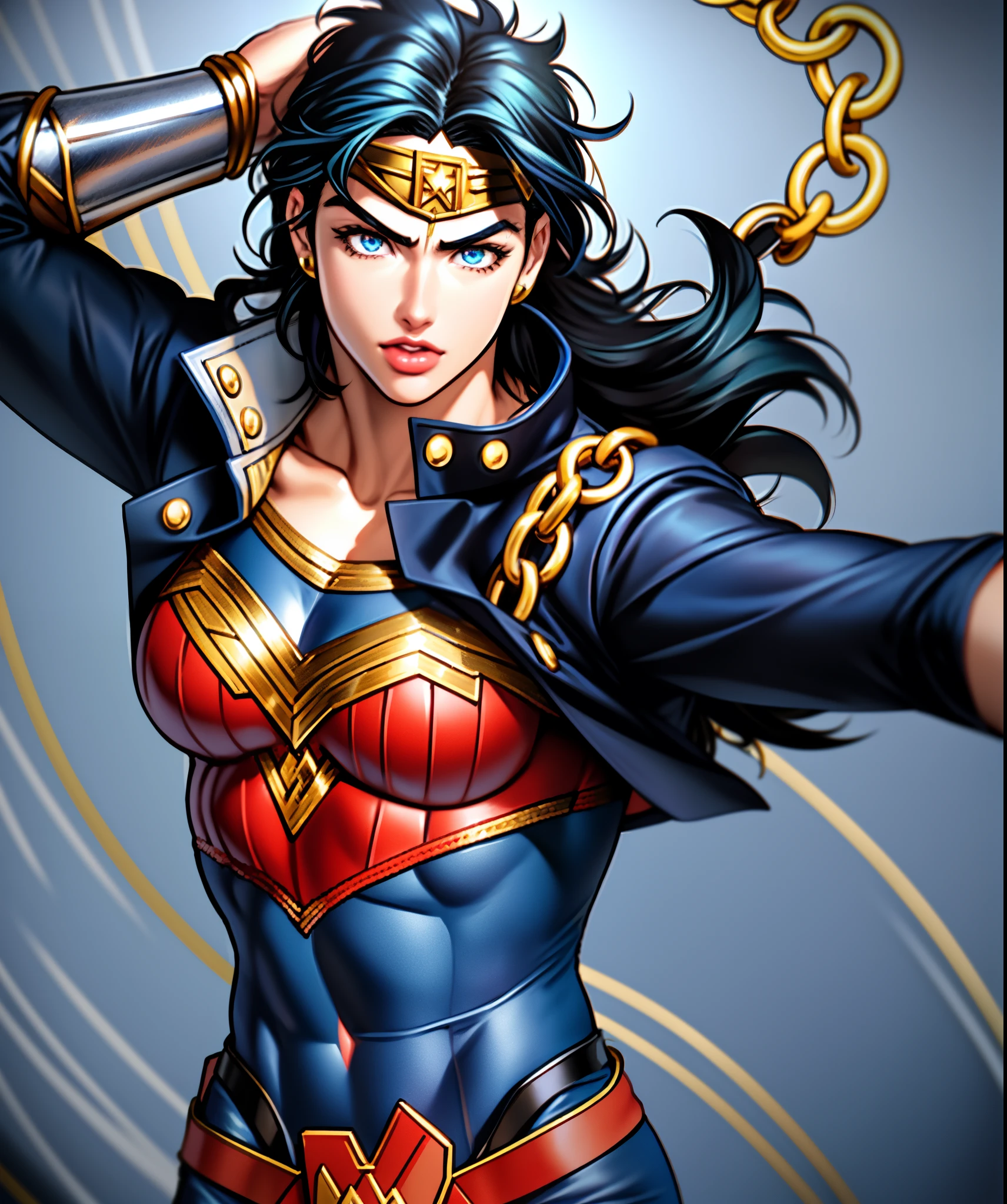 [semi realism, masterpiece, best quality, anime, highly detailed face, perfect anatomy:5], Wonder Woman dressed as Kiki jotaro, solo), gender swap, arms above head, chain, coat, belts, (blue greenish Eyes, black Hair), 1girl, Muscular woman,   muscular, medium length hair, female