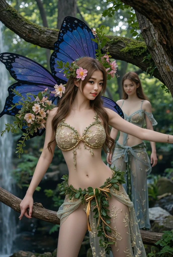 (beautifull flower fairy with very large breast, medium ponytail hair, sit on tree branch near beautifull lake) ,(strapless luxury bra), (luxury flower garter belt), (hand under boobs), (show cleaveage), (show underboobs) , (show sideboobs), (show thigh), (detailed flower hairpin), (detailed flower underboobs ornament), (detailed luxury flower chest ornament), (detailed luxury flower arm ornament), (detail flower hips ornament), expensive detailed flower necklace, flower vase, (very large breast:1,9), beautifull lake behind, beautifull landscape background, beautifull fairy castle on cliff background, flower mountain background, detail flower forest, detail flower field, detail flower background, beautifull face, pretty face, beautifull eyes, beautifull nose, sexy lips, polished nails, raytracing, nsfw, beautifull fingers, beautifull hands, sexy belly, sexy body, sexy shoulders, sexy legs, sexy hips, (luxury bracelet), (luxury ring), (luxury necklace), black nails , blue eye, (nipples), nsfw, (4 fingers in 1 hand), white skin, full body picture, pretty makeup, blush,