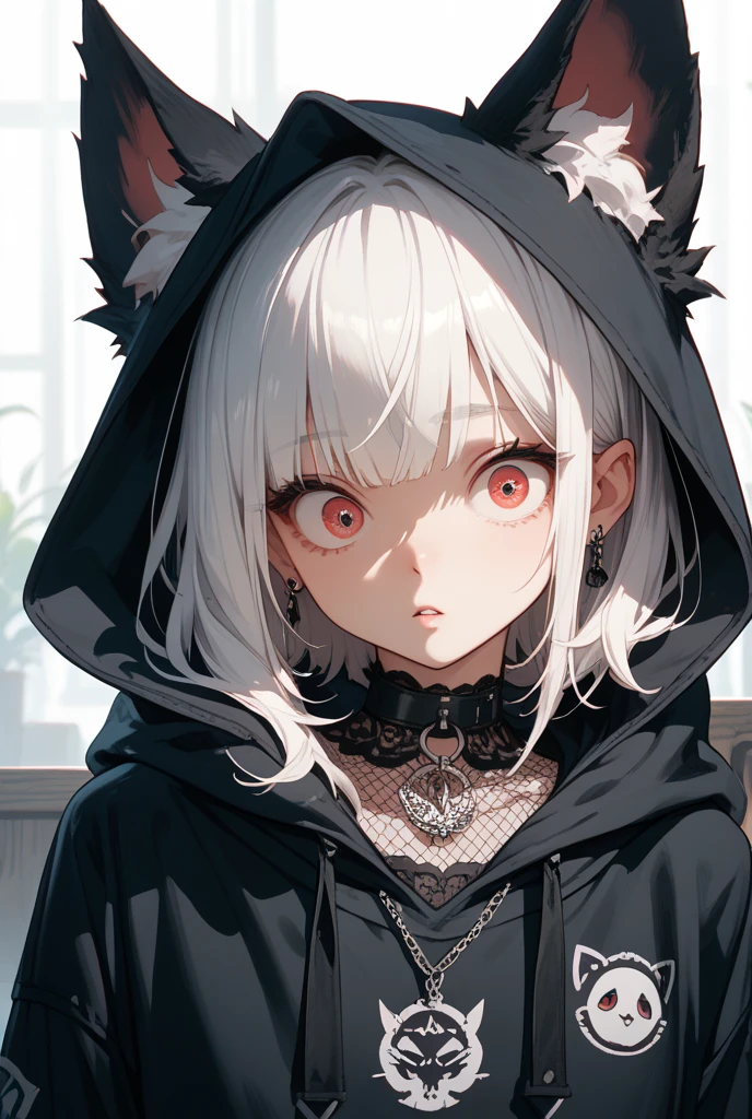 Long, bushy, light brown hair with a gray tint。Coldly。Round and flat face。Large, round, yellow-green eyes。Large pupils。Small, flat nose。Small round cat ears。Small and stocky build。The limbs are short and sturdy.。Cold-resistant。fluffy fur。sensitive。Black Costume Belt on torso Gothic Nude full_Nude