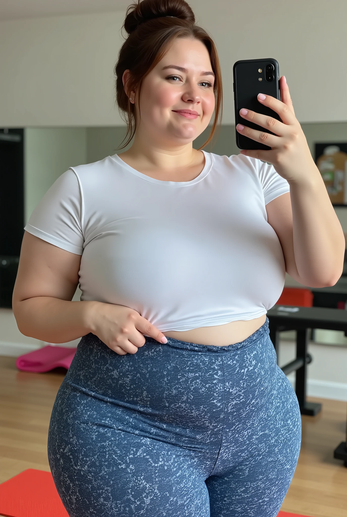 Pageboy hairstyle Velma Dinkley from Scooby Doo glasses chubby cheeks soft innocent looking like face wet skin extremely obese body and belly her finger poking her own navel