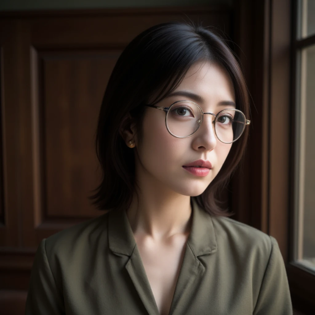 Top Quality, A beautiful, short-haired woman with an intelligent and sophisticated look, Shy-smile, wearing stylish eyeglasses that accentuate her sharp, inquisitive eyes. Her hair is neatly styled in a modern, short cut that complements her facial features, giving her a sleek and polished appearance. She is dressed in a crisp, professional outfit, perhaps a blazer or a blouse, with subtle details that highlight her refined taste. suggesting her intellectual nature. The background is a minimalist office or library, with soft lighting that enhances her calm and focused demeanor."